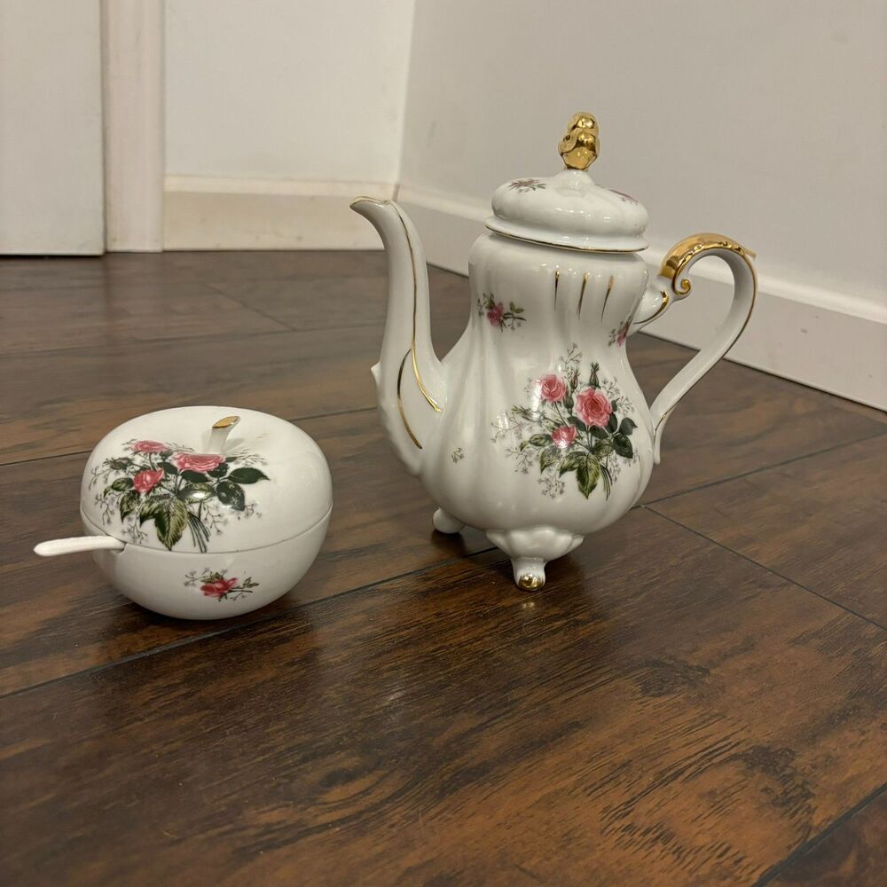 Vintage Lefton China Handpainted Creamer and Apple Shaped Sugar and Spoon Floral